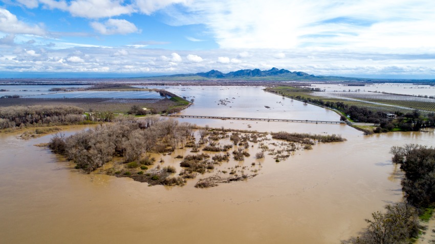 Colusa Weir releases overflow waters of the Sacramento River into the Butte Basin in Colusa County, California after an atmospheric river storm dumped heavy rain and snow across Northern California. Photo taken March 07, 2019.